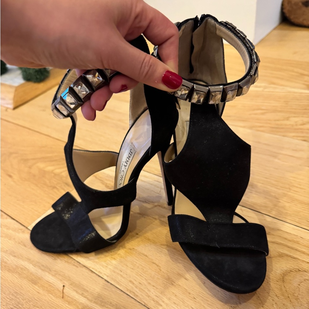 Jimmy Choo black heels with rhinestone ankle band